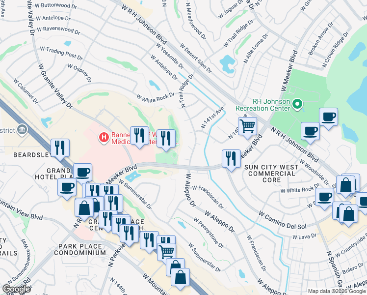 map of restaurants, bars, coffee shops, grocery stores, and more near 14216 West Utica Court in Sun City West