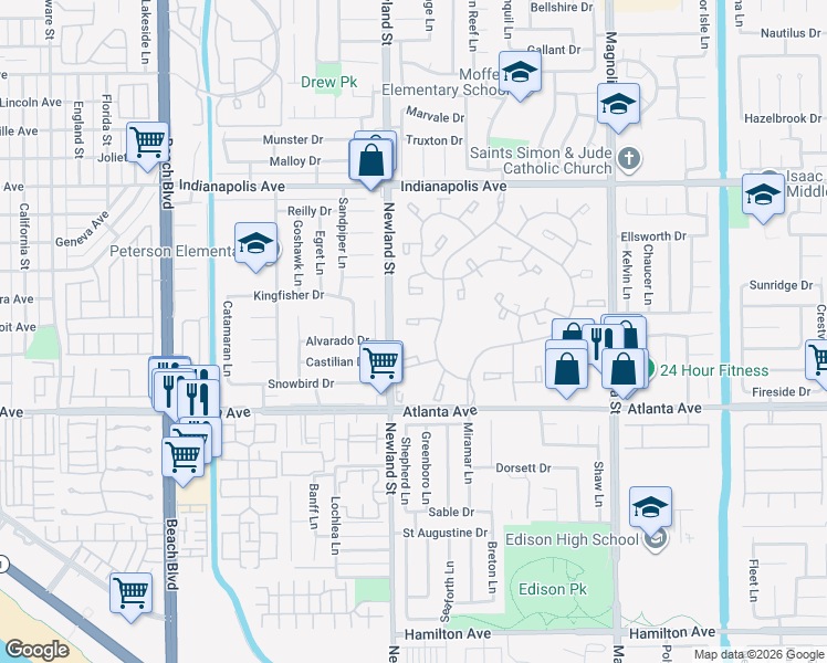 map of restaurants, bars, coffee shops, grocery stores, and more near 8566 Fallbrook Circle in Huntington Beach
