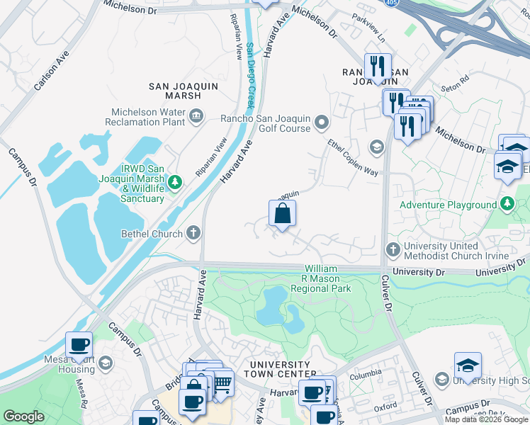 map of restaurants, bars, coffee shops, grocery stores, and more near in Irvine