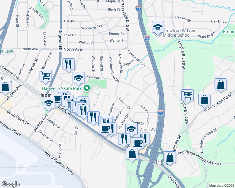 map of restaurants, bars, coffee shops, grocery stores, and more near 493 Barnett Drive in Hapeville