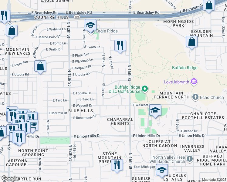 map of restaurants, bars, coffee shops, grocery stores, and more near 1417 East Kerry Lane in Phoenix