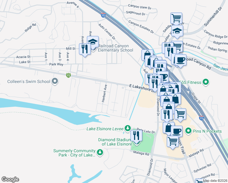 map of restaurants, bars, coffee shops, grocery stores, and more near Unnamed Road in Lake Elsinore