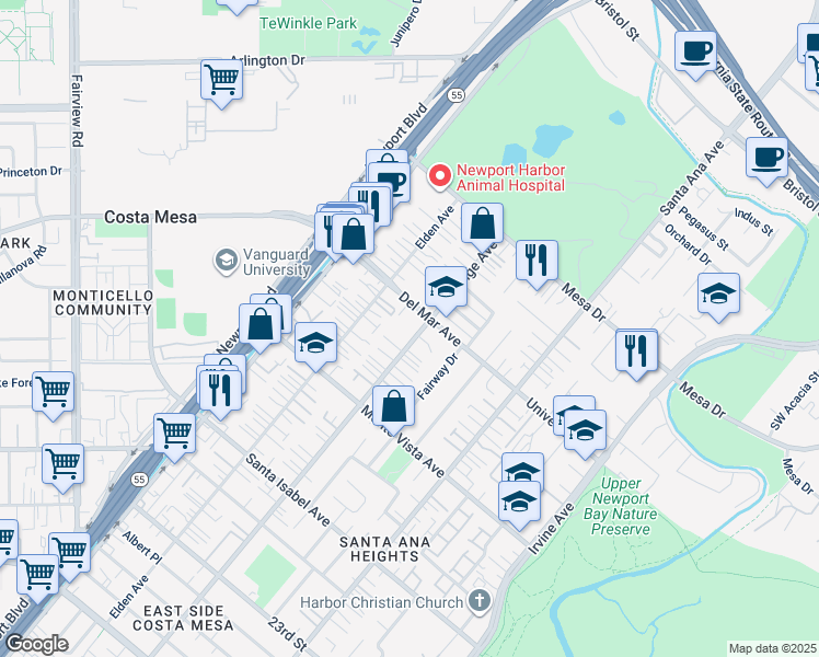 map of restaurants, bars, coffee shops, grocery stores, and more near 2590 Orange Avenue in Costa Mesa