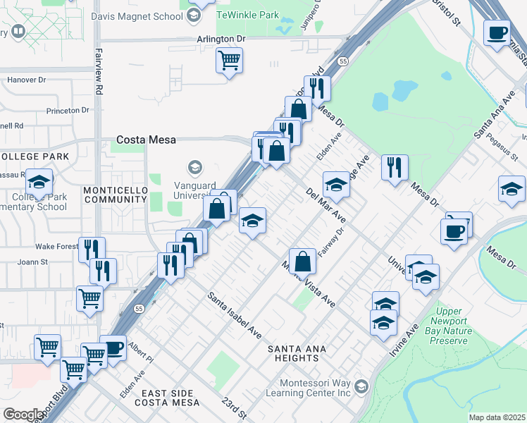 map of restaurants, bars, coffee shops, grocery stores, and more near 2540 Elden Avenue in Costa Mesa