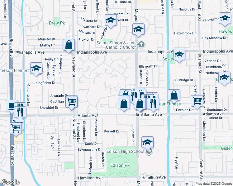 map of restaurants, bars, coffee shops, grocery stores, and more near 8877 Lauderdale Court in Huntington Beach