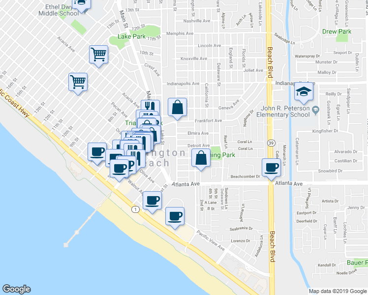 map of restaurants, bars, coffee shops, grocery stores, and more near 212 Detroit Avenue in Huntington Beach