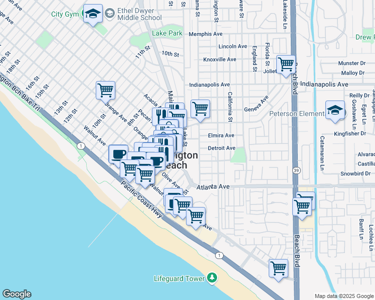 map of restaurants, bars, coffee shops, grocery stores, and more near 410 Lake Street in Huntington Beach