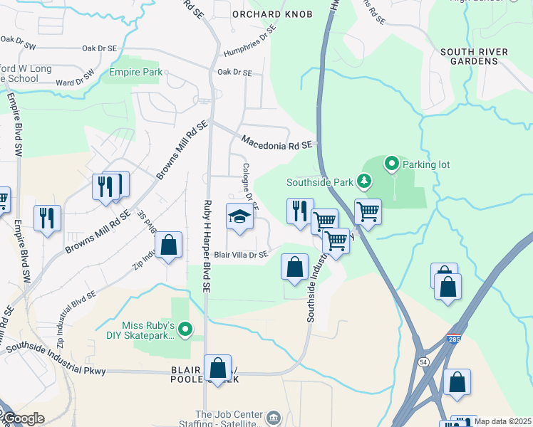 map of restaurants, bars, coffee shops, grocery stores, and more near 3375 Villa Circle Southeast in Atlanta