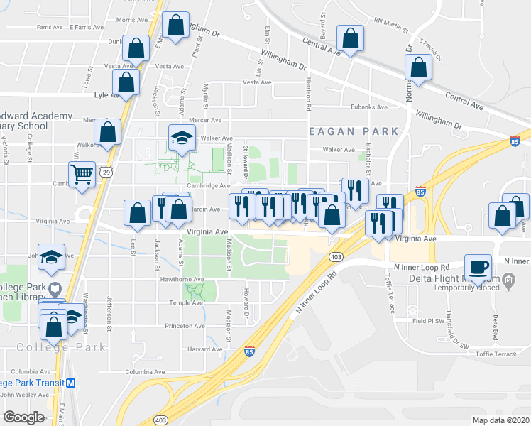 map of restaurants, bars, coffee shops, grocery stores, and more near 1466 Hardin Avenue in Atlanta