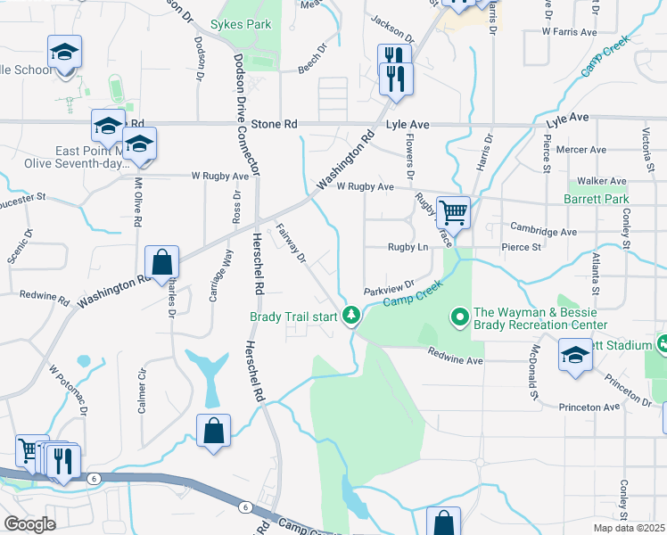 map of restaurants, bars, coffee shops, grocery stores, and more near 2416 Misty Hollow Place in College Park