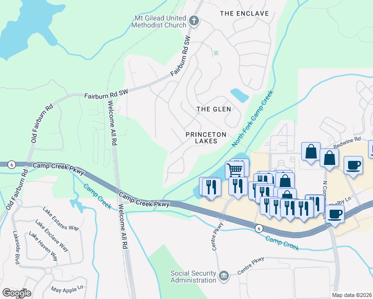 map of restaurants, bars, coffee shops, grocery stores, and more near 3881 Princeton Lakes Way in Atlanta