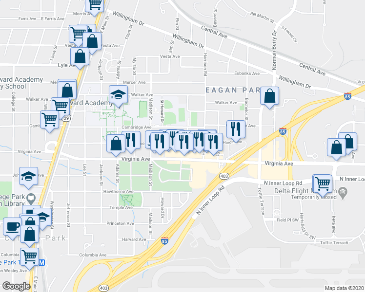map of restaurants, bars, coffee shops, grocery stores, and more near 1448 Hardin Avenue in College Park