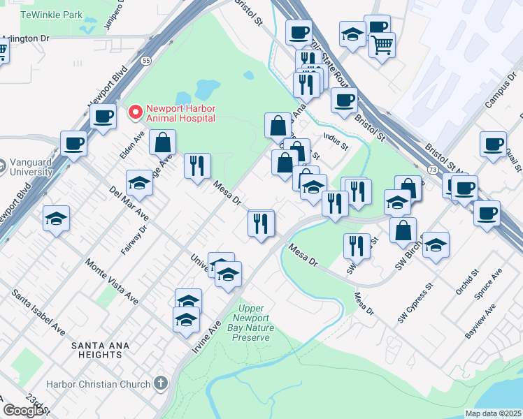 map of restaurants, bars, coffee shops, grocery stores, and more near 1561 Mesa Drive in Newport Beach