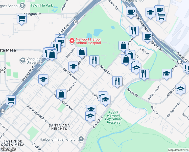 map of restaurants, bars, coffee shops, grocery stores, and more near 281 Santo Tomas Avenue in Costa Mesa