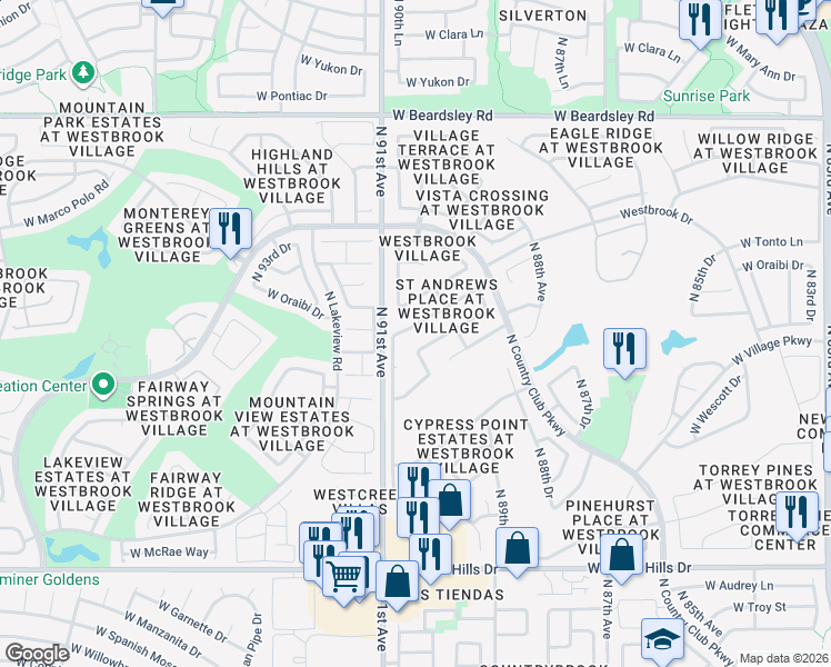 map of restaurants, bars, coffee shops, grocery stores, and more near 9051 West Utopia Road in Peoria