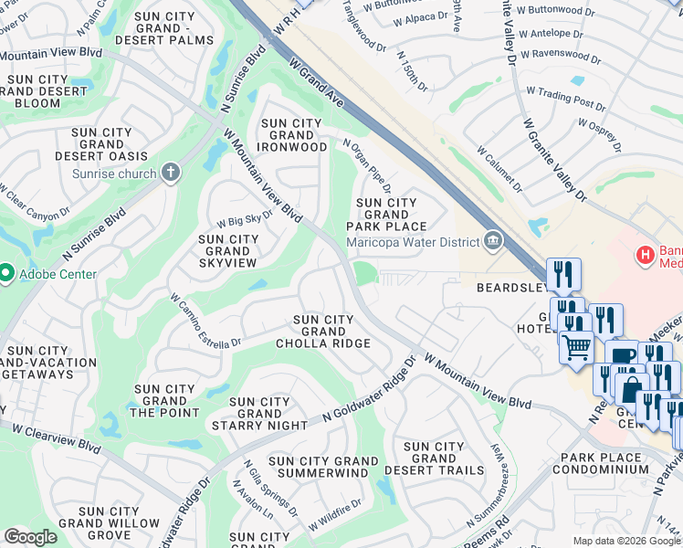 map of restaurants, bars, coffee shops, grocery stores, and more near 19767 North Desert Song Way in Surprise