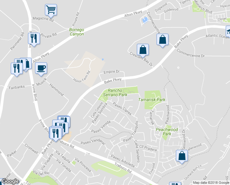 map of restaurants, bars, coffee shops, grocery stores, and more near 20842 Paseo Sombra in Lake Forest