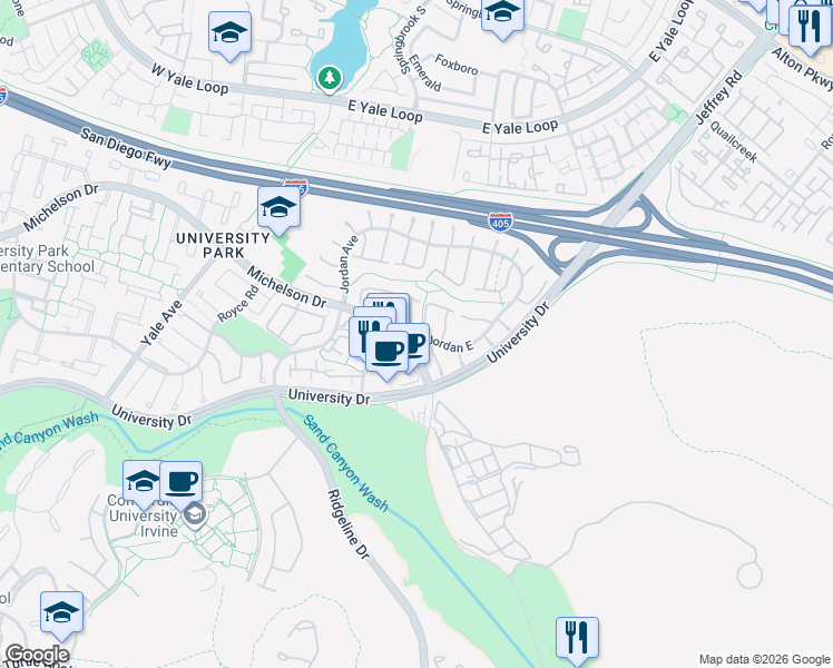 map of restaurants, bars, coffee shops, grocery stores, and more near 5331 University Drive in Irvine