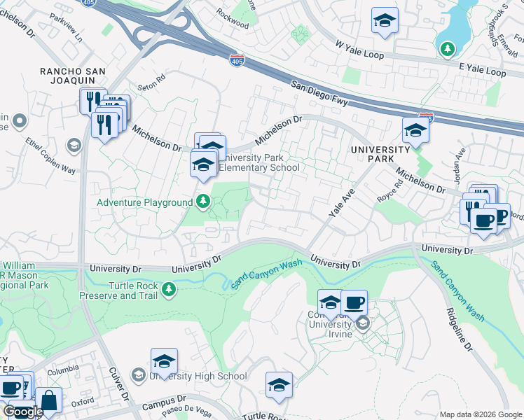 map of restaurants, bars, coffee shops, grocery stores, and more near 4712 Royce Road in Irvine