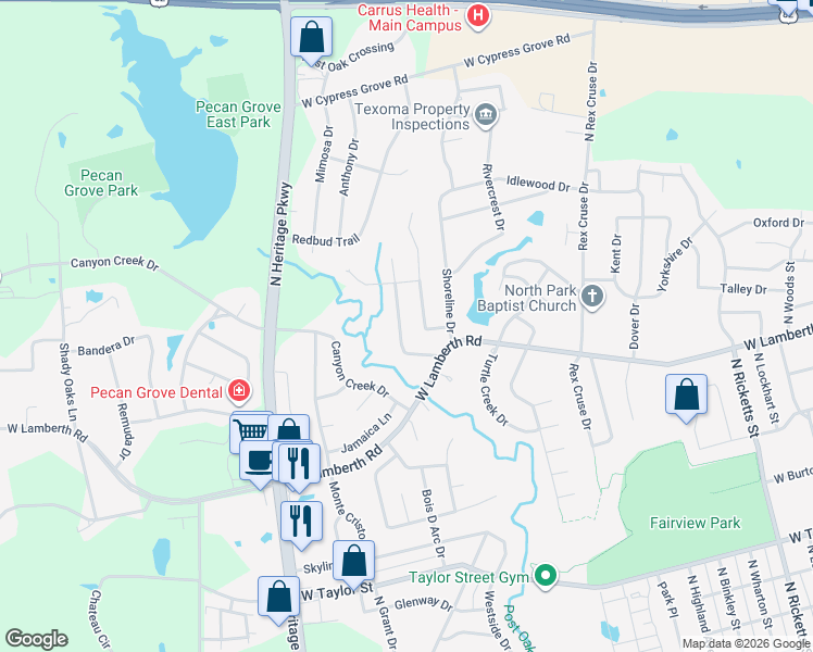 map of restaurants, bars, coffee shops, grocery stores, and more near 2511 Nantucket Drive in Sherman