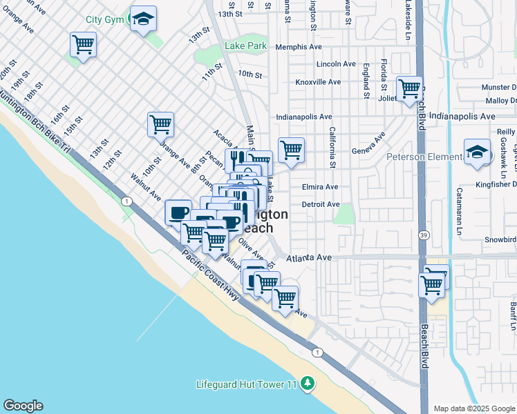 map of restaurants, bars, coffee shops, grocery stores, and more near 414 Main Street in Huntington Beach