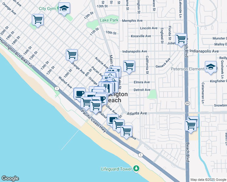 map of restaurants, bars, coffee shops, grocery stores, and more near 414 Main Street in Huntington Beach