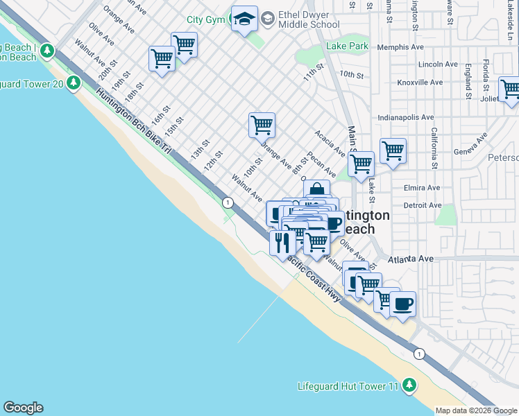 map of restaurants, bars, coffee shops, grocery stores, and more near 119 8th Street in Huntington Beach