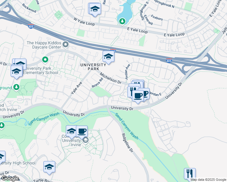 map of restaurants, bars, coffee shops, grocery stores, and more near 135 Willowbend in Irvine