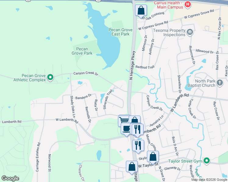 map of restaurants, bars, coffee shops, grocery stores, and more near 2701 Silverado Trail in Sherman