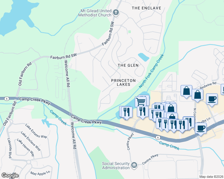 map of restaurants, bars, coffee shops, grocery stores, and more near Princeton Lakes Way in Atlanta