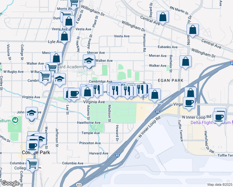 map of restaurants, bars, coffee shops, grocery stores, and more near 1492 Hardin Avenue in College Park