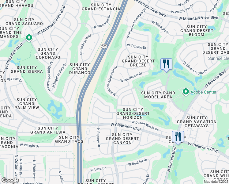 map of restaurants, bars, coffee shops, grocery stores, and more near 19785 North Shadow Mountain Drive in Surprise