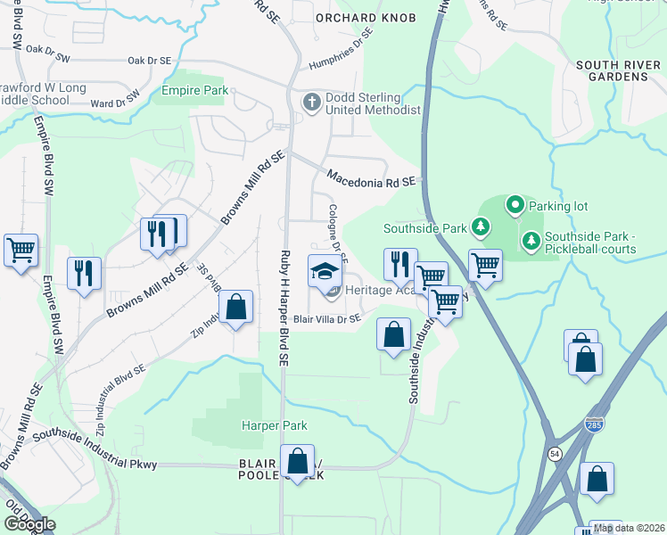 map of restaurants, bars, coffee shops, grocery stores, and more near 3411 Villa Circle Southeast in Atlanta