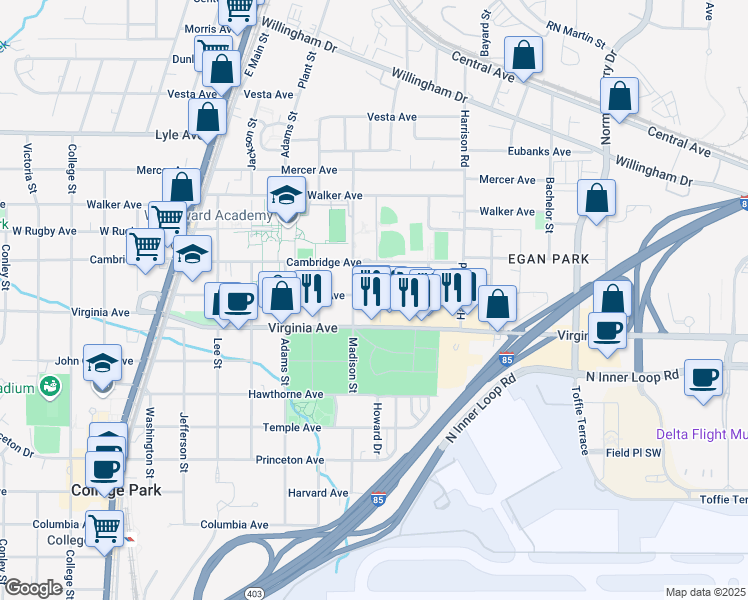 map of restaurants, bars, coffee shops, grocery stores, and more near 1504 Hardin Avenue in College Park