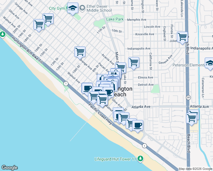 map of restaurants, bars, coffee shops, grocery stores, and more near 321 5th Street in Huntington Beach