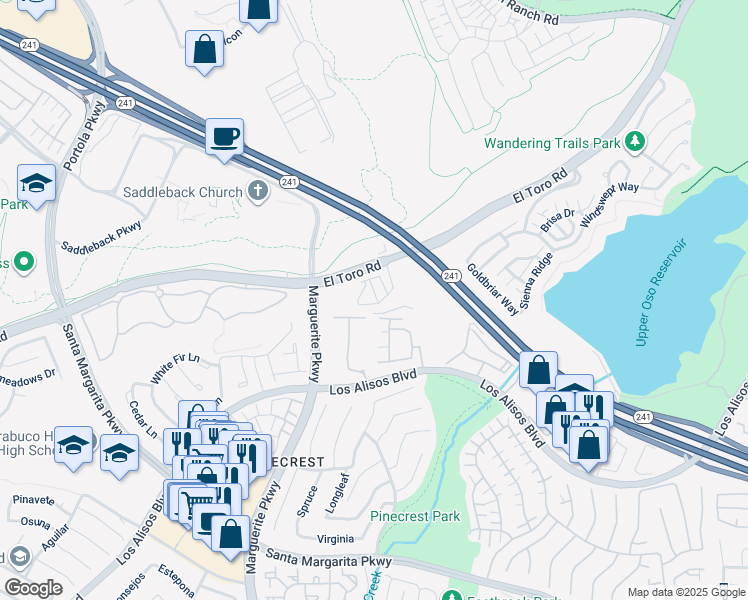 map of restaurants, bars, coffee shops, grocery stores, and more near 205 Niebla Lane in Mission Viejo