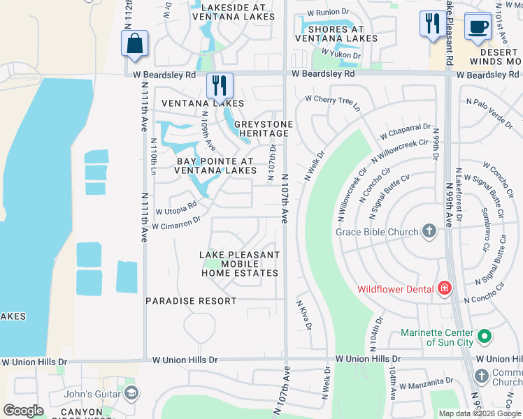 map of restaurants, bars, coffee shops, grocery stores, and more near 10765 West Utopia Road in Peoria