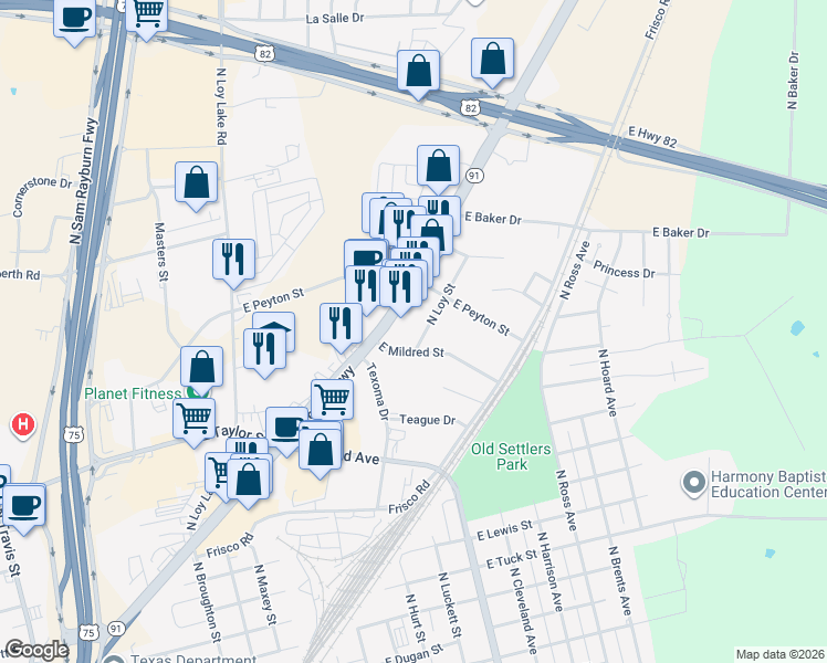 map of restaurants, bars, coffee shops, grocery stores, and more near 2103 North Loy Street in Sherman