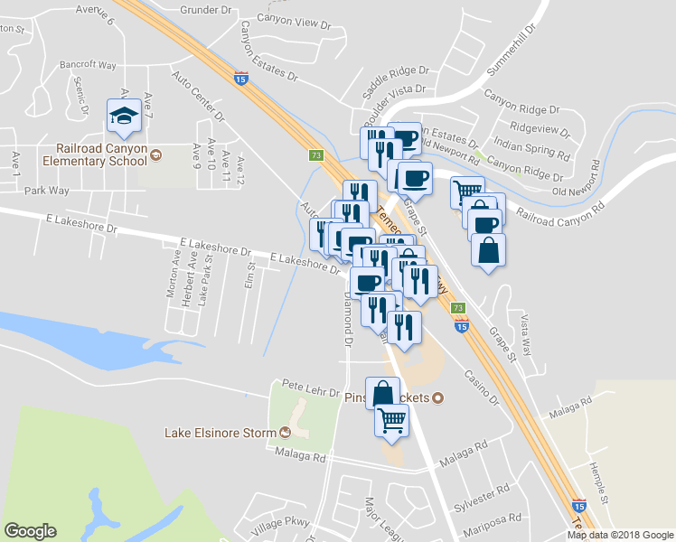 map of restaurants, bars, coffee shops, grocery stores, and more near 2087 East Lakeshore Drive in Lake Elsinore