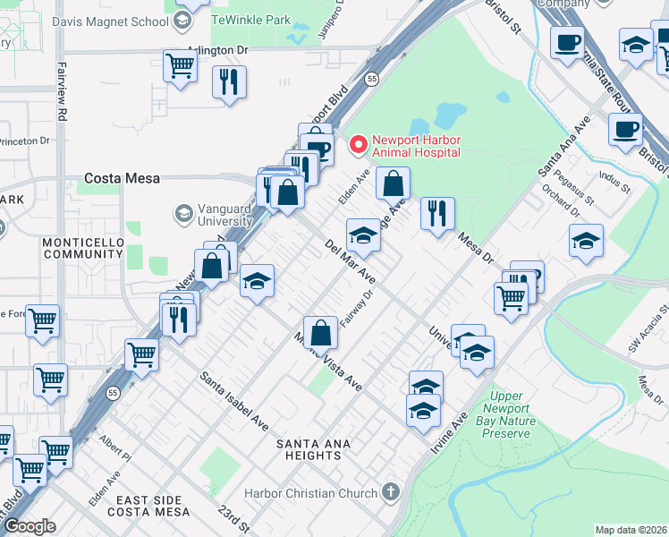 map of restaurants, bars, coffee shops, grocery stores, and more near 2585 Orange Avenue in Costa Mesa