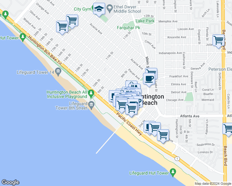 map of restaurants, bars, coffee shops, grocery stores, and more near 211 7th Street in Huntington Beach