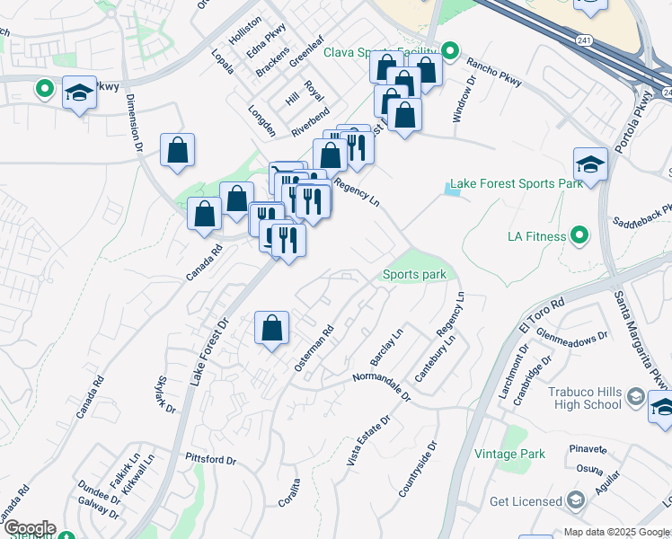 map of restaurants, bars, coffee shops, grocery stores, and more near 20041 Osterman Road in Lake Forest