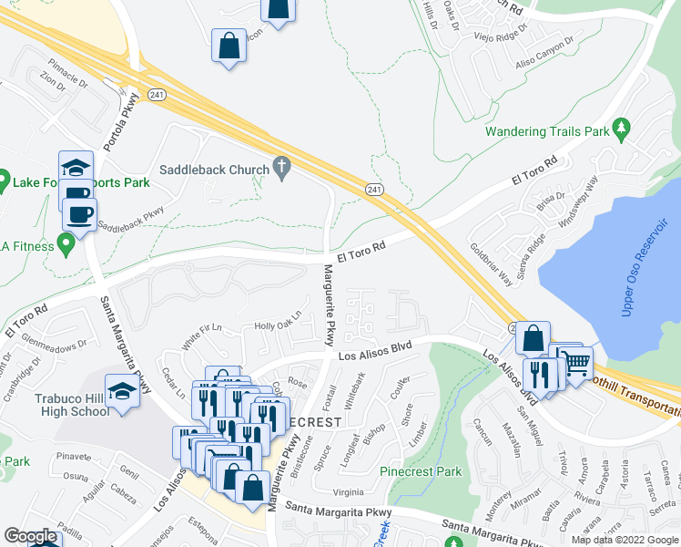 map of restaurants, bars, coffee shops, grocery stores, and more near 20532 El Toro Road in Mission Viejo