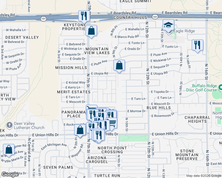 map of restaurants, bars, coffee shops, grocery stores, and more near 19401 North 7th Street in Phoenix