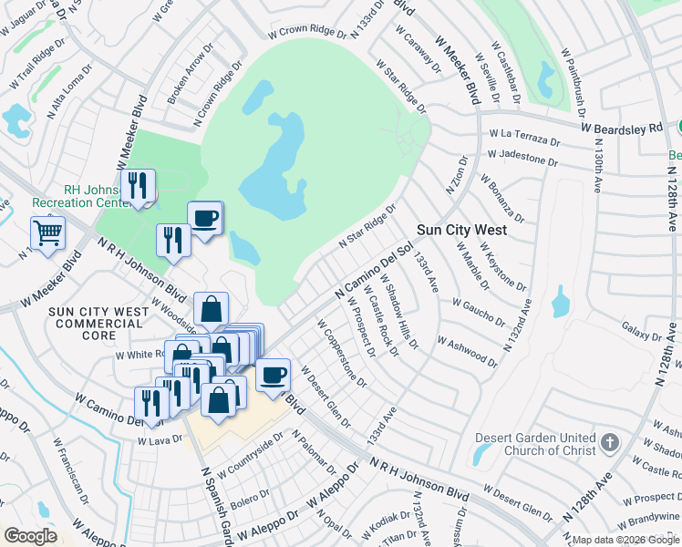 map of restaurants, bars, coffee shops, grocery stores, and more near 19402 North Camino Del Sol in Sun City West