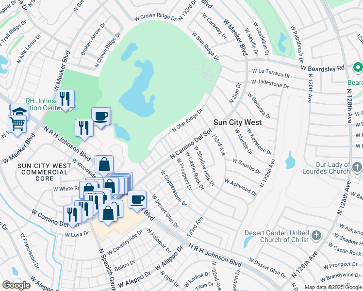 map of restaurants, bars, coffee shops, grocery stores, and more near 13450 West Castle Rock Drive in Sun City West