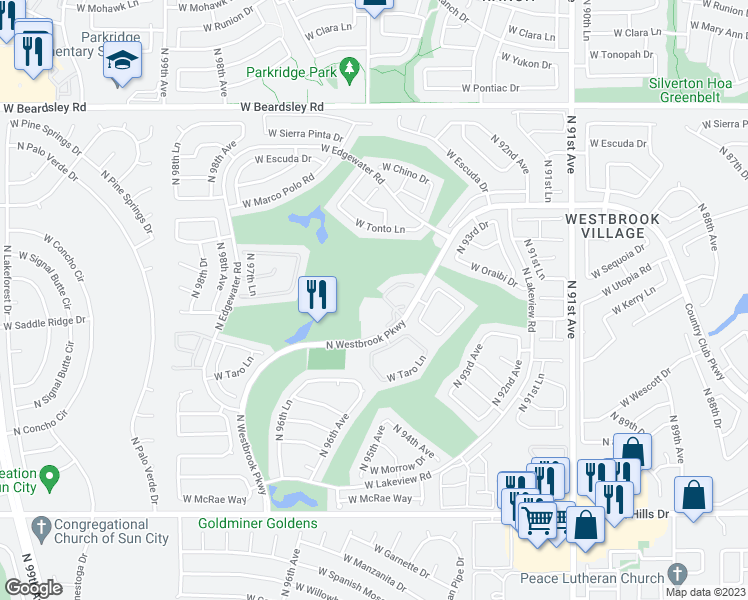map of restaurants, bars, coffee shops, grocery stores, and more near 19400 North Westbrook Parkway in Peoria