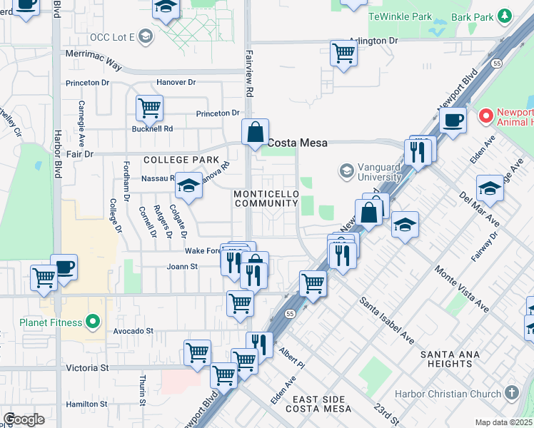 map of restaurants, bars, coffee shops, grocery stores, and more near 164 Lexington Lane in Costa Mesa