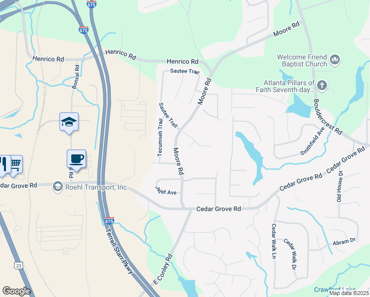 map of restaurants, bars, coffee shops, grocery stores, and more near 1766 Enclave Place in Conley