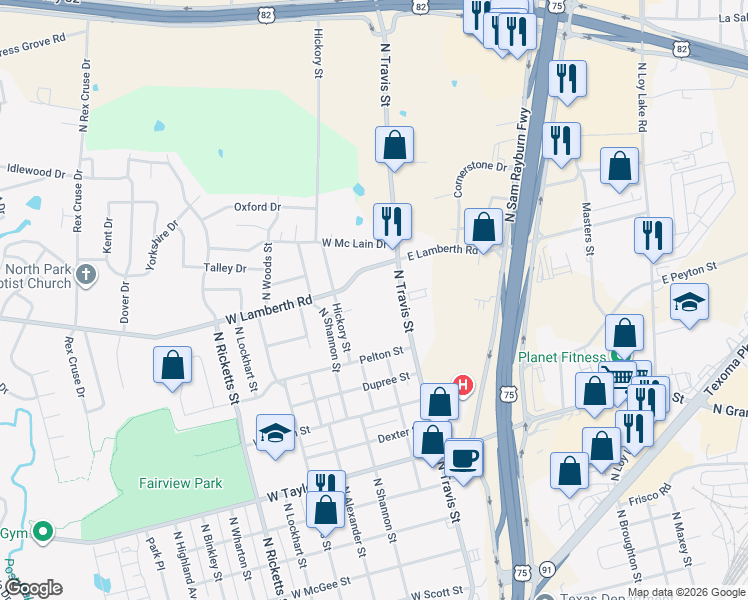 map of restaurants, bars, coffee shops, grocery stores, and more near 2505 North Hickory Street in Sherman